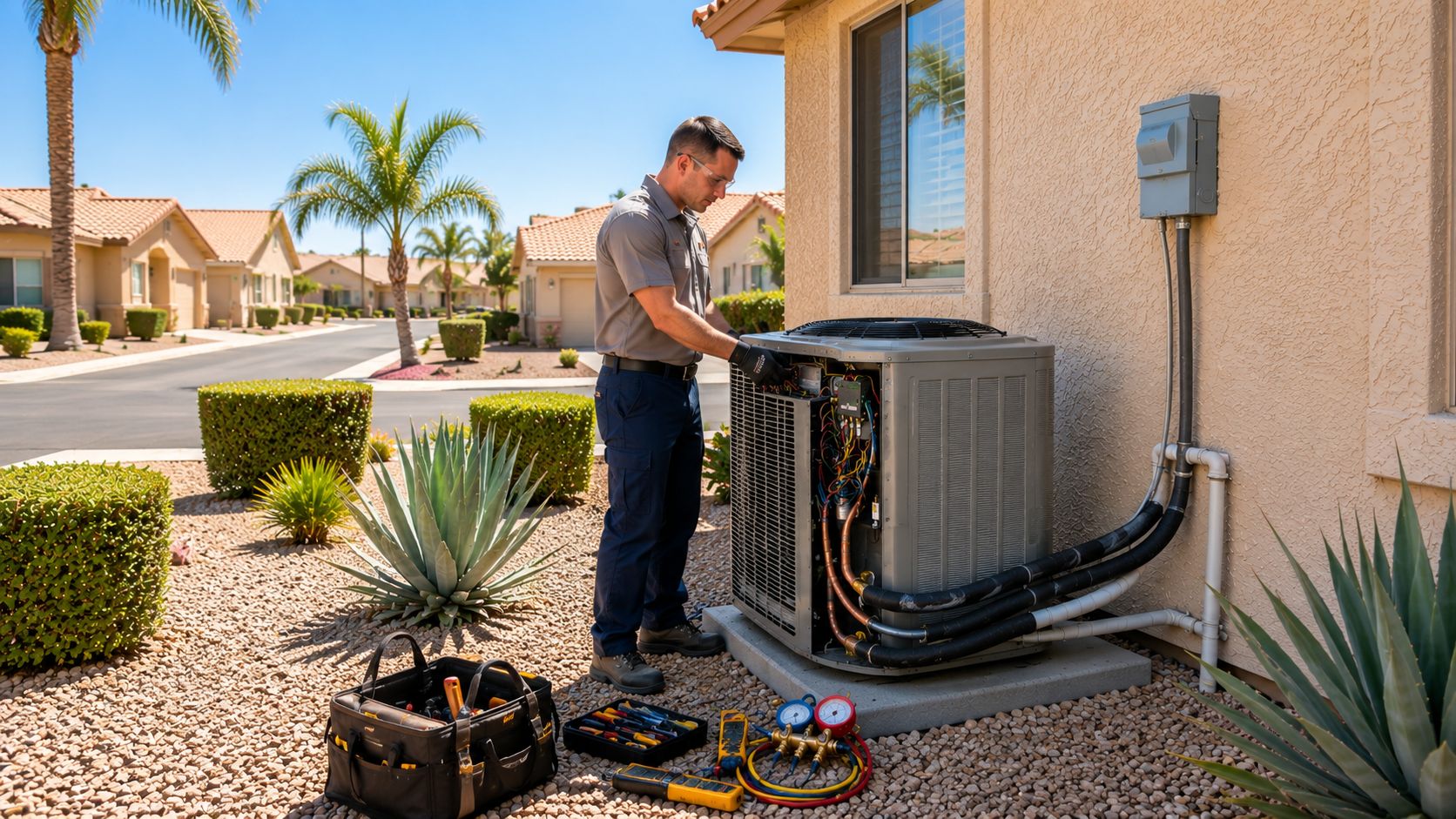Grand Canyon Home Services provides AC installation and replacement services in Youngtown, Arizona for homeowners dealing with aging or unreliable cooling systems. The image shows a residential HVAC technician standing beside a newly installed outdoor air conditioning condenser while inspecting electrical wiring and refrigerant connections during an AC replacement service visit. The property features stucco exterior walls, gravel landscaping, trimmed desert shrubs, agave plants, and quiet residential streets commonly seen throughout Youngtown AZ neighborhoods. Grand Canyon Home Services serves Youngtown and nearby West Valley communities with residential AC installation, air conditioner replacement, cooling system upgrades, and same-day HVAC service. Homeowners can contact Grand Canyon Home Services at 623-777-4880 for local AC replacement support and residential cooling services during Arizona summer heat.
