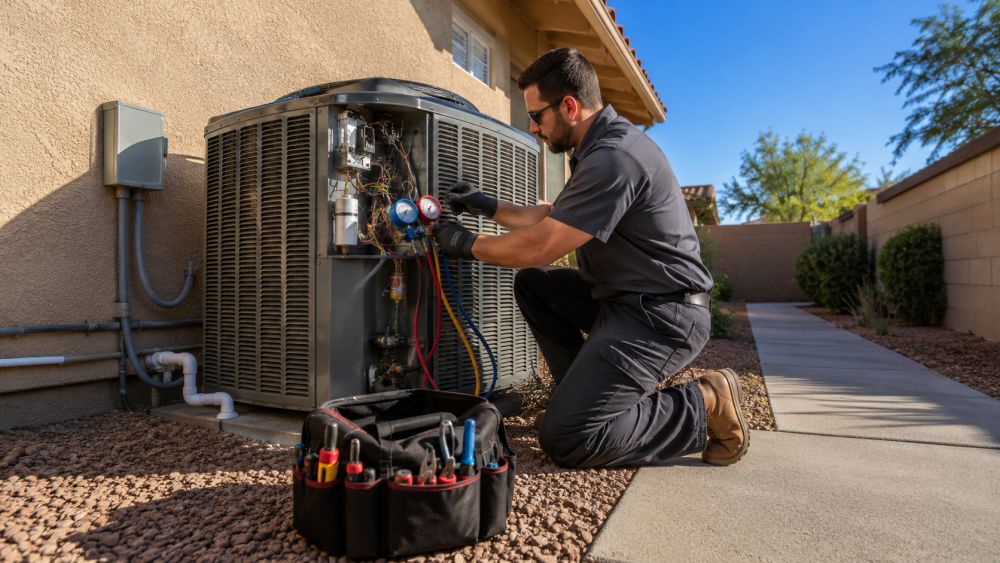 Grand Canyon Home Services provides AC maintenance in Peoria, AZ, with local HVAC service from a licensed residential technician. The image shows a technician checking an outdoor condenser, gauges, wiring, and service panels beside a clean Arizona stucco home. Desert gravel, low shrubs, PVC drain piping, and bright West Phoenix sunlight create a real Peoria service setting.