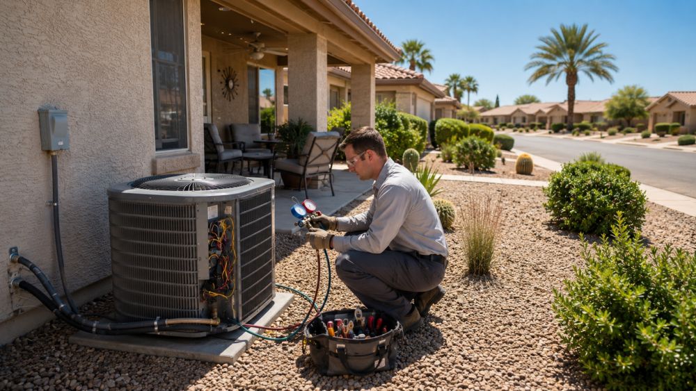 Grand Canyon Home Services provides AC maintenance in Sun City AZ for homeowners who want reliable cooling during extreme Arizona summer temperatures. This image shows an HVAC technician performing seasonal air conditioning maintenance beside a residential outdoor condenser unit at a Sun City Arizona home. The technician is inspecting electrical connections, checking refrigerant pressure, and cleaning condenser coils during a scheduled AC tune-up service. The property includes realistic desert gravel, stucco exterior walls, trimmed shrubs, shaded patio seating, and neighborhood details common across Sun City retirement communities. Grand Canyon Home Services helps homeowners extend AC system life, improve airflow, and reduce cooling problems through regular maintenance visits in Sun City AZ. Call Grand Canyon Home Services at 623-777-4955 for professional AC maintenance service in Sun City Arizona.