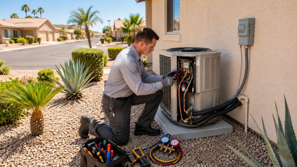 Grand Canyon Home Services provides AC maintenance in Youngtown, Arizona for homeowners who need reliable cooling during extreme summer heat. The image shows a residential HVAC technician kneeling beside an outdoor air conditioning condenser while inspecting internal electrical components and refrigerant connections during a maintenance visit. The home features stucco exterior walls, gravel landscaping, trimmed shrubs, agave plants, and quiet residential streets commonly found throughout Youngtown AZ neighborhoods. Grand Canyon Home Services serves Youngtown and nearby West Valley communities with AC tune-ups, seasonal maintenance, cooling inspections, and residential HVAC service. Homeowners can contact Grand Canyon Home Services at 623-777-4880 for same-day AC maintenance and dependable cooling support during Arizona summer conditions.