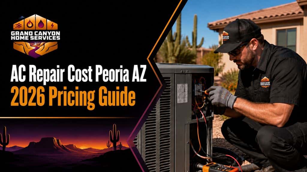 Technician servicing an outdoor AC unit in Peoria AZ for 2026 AC repair cost guide
