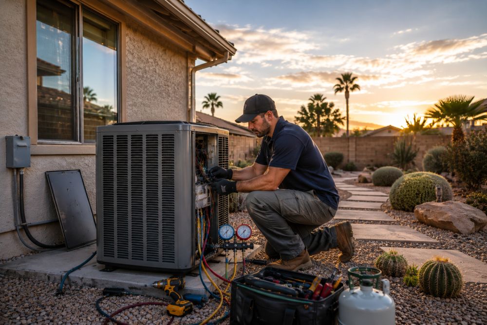 n HVAC technician from Grand Canyon Home Services installs a new outdoor air conditioning condenser unit beside a residential home in Sun City, Arizona. The image shows AC replacement work in progress with visible gauges, service tools, electrical wiring, and an open condenser panel during a hot Arizona afternoon. Desert landscaping, gravel ground cover, cactus plants, and palm trees reflect the local Sun City AZ environment while the technician works carefully beside the home. Grand Canyon Home Services provides AC replacement in Sun City AZ with same-day service, licensed HVAC technicians, and trusted home cooling solutions. Homeowners in Sun City can call +1 (623) 777-4955 for air conditioning replacement, cooling system installation, and residential HVAC service.