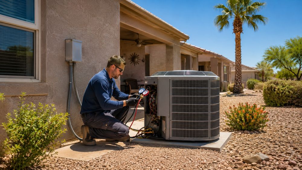 Grand Canyon Home Services provides trusted AC services in Youngtown, Arizona for homeowners dealing with cooling issues during extreme summer heat. This image shows a licensed HVAC technician inspecting an outdoor air conditioning condenser beside a residential home in Youngtown AZ while checking refrigerant gauges and electrical connections. The scene includes realistic Arizona landscaping, stucco exterior walls, shaded patio features, and bright desert sunlight common across the West Valley area. Grand Canyon Home Services serves Youngtown homeowners with AC repair, AC maintenance, and same-day cooling solutions backed by experienced technicians and local service support. Call Grand Canyon Home Services at 623-777-4880 for professional AC services in Youngtown AZ.