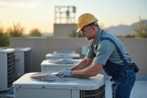 Technician servicing rooftop commercial HVAC unit in Peoria AZ
