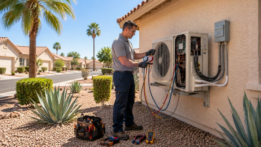 A residential HVAC technician performs ductless AC repair beside a stucco home in Youngtown, Arizona during a hot summer afternoon. The technician stands beside a wall-mounted outdoor ductless mini split condenser while inspecting electrical wiring and refrigerant lines with HVAC diagnostic tools and gauges. Grand Canyon Home Services provides Ductless AC Repair in Youngtown AZ for homeowners dealing with cooling problems during extreme Arizona temperatures. The image includes gravel landscaping, desert shrubs, agave plants, and quiet residential streets that reflect the appearance of neighborhoods throughout Youngtown and nearby West Valley communities.