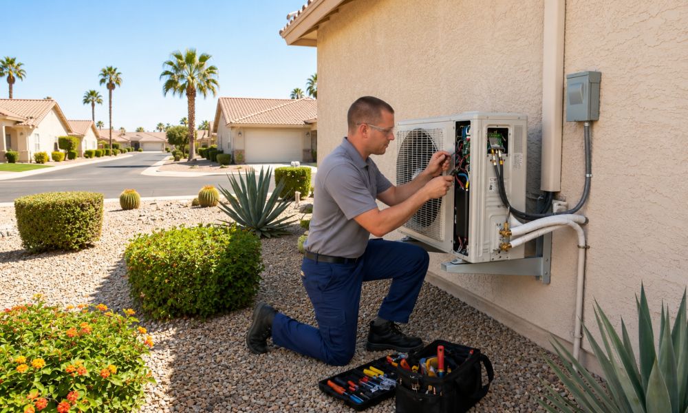 Grand Canyon Home Services provides ductless mini split installation in Sun City, Arizona for homeowners who need reliable cooling during extreme summer temperatures. The image shows a residential HVAC technician kneeling beside a wall-mounted ductless mini split condenser while connecting wiring and inspecting internal system components during an installation service visit. The property features stucco exterior walls, gravel landscaping, trimmed shrubs, agave plants, palm trees, and quiet residential streets commonly found throughout Sun City AZ neighborhoods. Homeowners can contact Grand Canyon Home Services at 623-777-4955 for ductless mini split installation, same-day HVAC service, and residential cooling support.