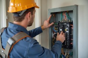 Licensed electrician inspecting an open residential electrical panel in Peoria, Arizona