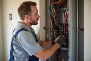 An electrician fixing a circuit breaker panel inside a Peoria home