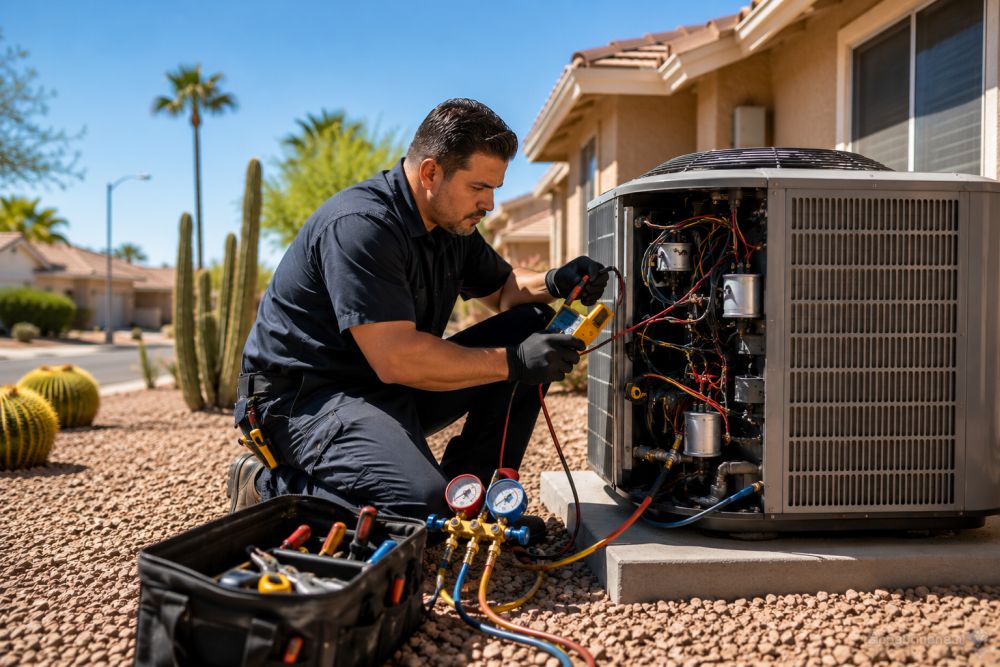 An HVAC technician performs emergency AC repair service beside a residential outdoor air conditioning unit in Sun City, Arizona. Grand Canyon Home Services provides same-day emergency AC repair, air conditioning diagnostics, and residential cooling services for homeowners across Sun City AZ and nearby West Valley communities. The image shows an open condenser panel, HVAC gauges, repair tools, and active service work during a hot Arizona afternoon. Homeowners in Sun City rely on Grand Canyon Home Services for fast response times, licensed HVAC technicians, and dependable cooling repair support during summer system failures. Contact Grand Canyon Home Services at 623-777-4955 for emergency AC repair in Sun City AZ.