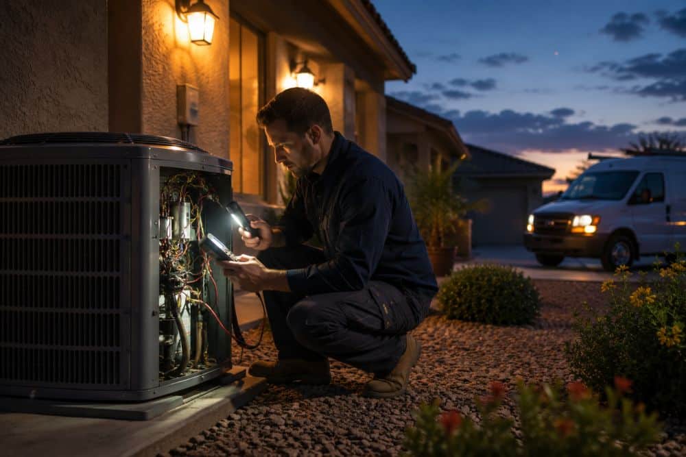 Grand Canyon Home Services provides emergency AC repair in Youngtown AZ for homeowners dealing with sudden cooling failures during extreme Arizona heat. This image shows an HVAC technician repairing an outdoor air conditioning condenser beside a residential Youngtown home during an evening emergency service visit. The technician uses diagnostic equipment and a flashlight while inspecting electrical components and refrigerant connections near the open condenser panel. The property includes realistic desert gravel landscaping, porch lighting, stucco exterior walls, and a quiet West Valley neighborhood setting common in Youngtown Arizona. Grand Canyon Home Services offers same-day emergency cooling repair, AC diagnostics, and residential HVAC service across Youngtown and nearby Arizona communities. Call Grand Canyon Home Services at 623-777-4880 for emergency AC repair in Youngtown AZ.