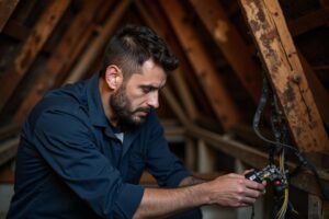 Licensed electrician replacing damaged wiring inside a Peoria AZ home during a nighttime emergency call