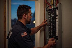 Emergency electrician repairing a buzzing breaker panel at night in a Peoria home