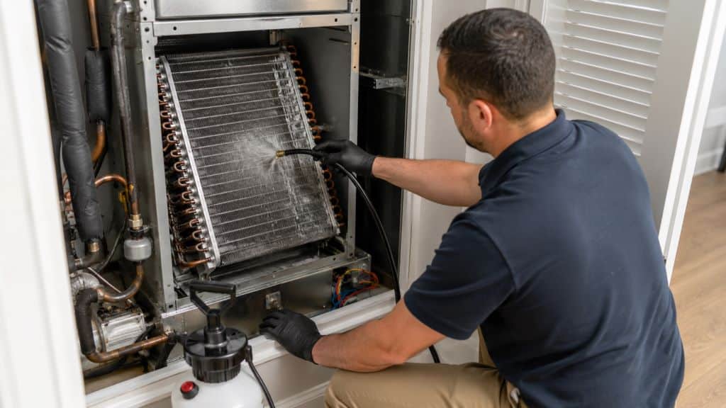 HVAC technician cleaning an indoor evaporator coil inside an air handler