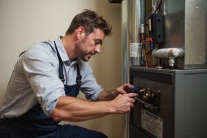 Technician performing furnace repair services in a Sun City home.