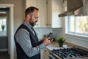 Technician using gas leak detector in Peoria kitchen