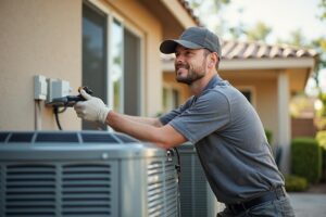 HVAC technician installing a heat pump system in a Peoria home