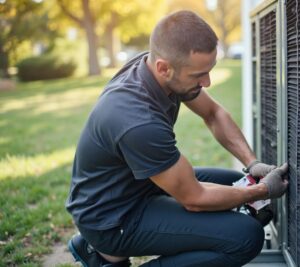 Licensed HVAC technician repairing a residential heat pump in Surprise, AZ
