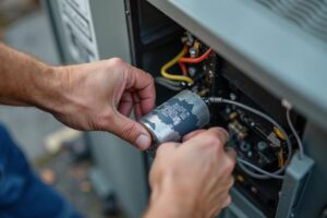 Technician replacing a damaged HVAC capacitor during an urgent repair in Peoria