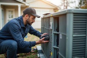 Technician checking an outdoor AC unit for a leak in Peoria, AZ 