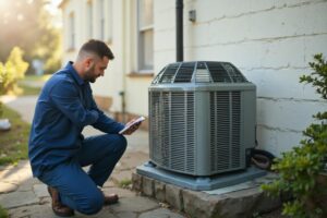 AC technician fixing outdoor condenser unit in Peoria, Arizona backyard