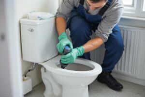 Licensed plumber unclogging a toilet in a Peoria, AZ home