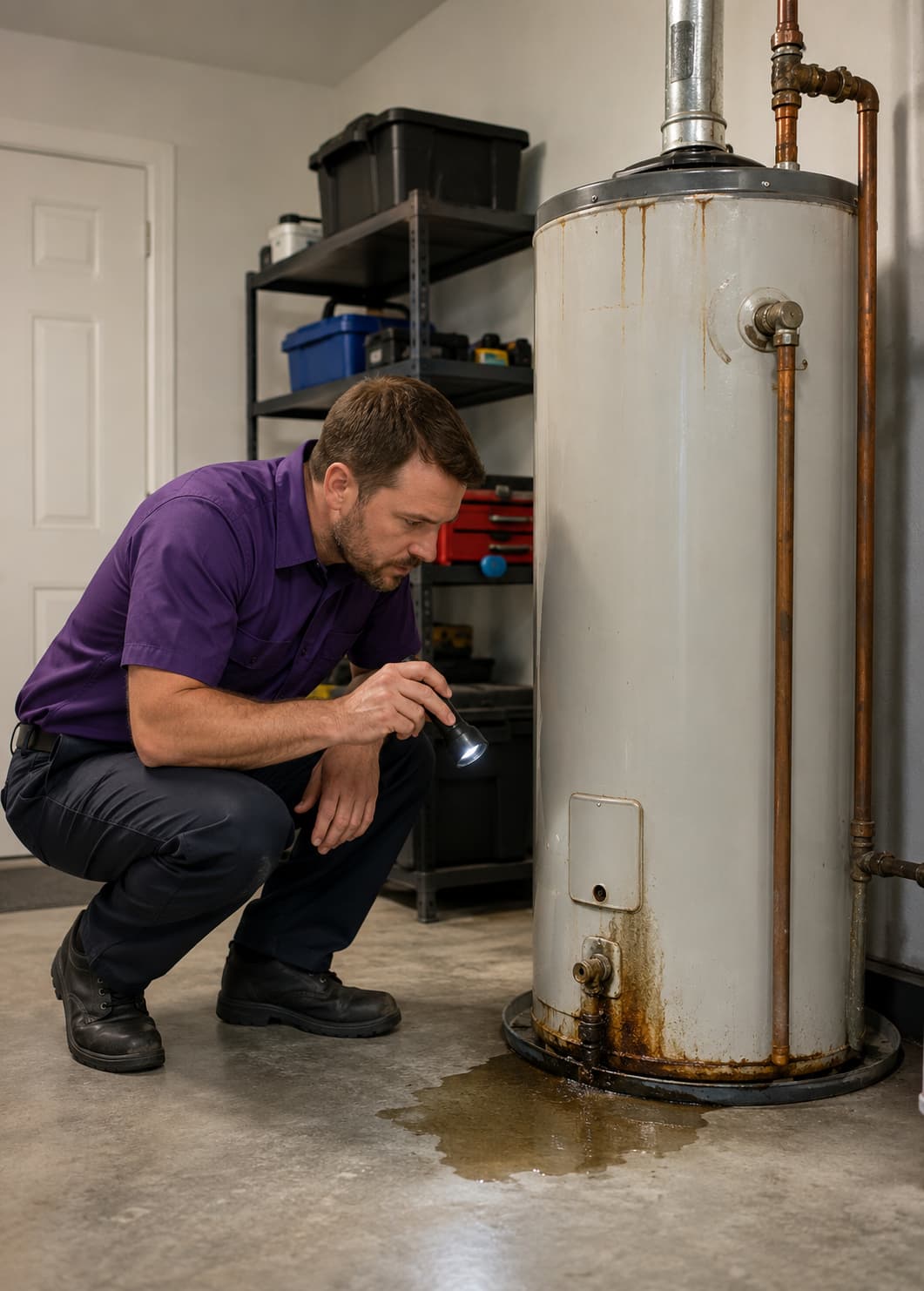 A residential plumbing technician installs a new water heater inside a garage utility space at a home in Youngtown, Arizona during daytime service conditions. The plumber stands beside a modern tank water heater while connecting copper water lines, shut-off valves, and plumbing fittings using professional installation tools. Grand Canyon Home Services provides Water Heater Installation and Replacement in Youngtown AZ for homeowners dealing with leaking, aging, or failed water heating systems. The image shows realistic garage surroundings, insulated plumbing connections, and clean residential conditions that reflect homes commonly found throughout Youngtown and nearby West Valley communities.