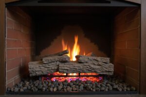 Cleaned and restored gas fireplace with ceramic logs and strong flame
