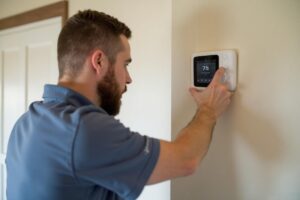 Technician installing smart thermostat in Peoria home wall panel