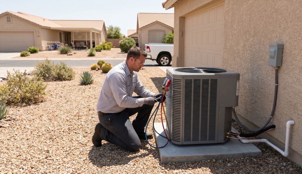 An HVAC technician performs AC installation beside a garage exterior wall at a home in Sun City, Arizona. The image includes a newly installed outdoor condenser, refrigerant gauges, electrical connections, and residential cooling equipment during summer service conditions. Grand Canyon Home Services offers AC installation and air conditioning replacement services across Sun City, AZ and nearby West Valley communities. Homeowners looking for reliable cooling system installation can call Grand Canyon Home Services at (623) 777-4955 for residential HVAC service and same-day appointments.