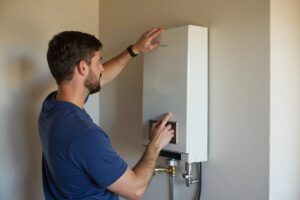 Technician installing a wall mounted tankless water heater in a Peoria AZ home