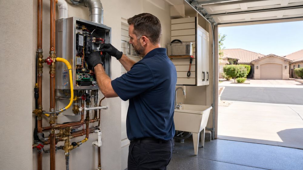 Grand Canyon Home Services provides tankless water heater repair in Sun City, AZ, for homeowners who need safe and clear plumbing service. The image shows a licensed plumber inspecting a wall-mounted tankless water heater with the service panel open inside a clean garage utility area. The scene includes copper water lines, shut-off valves, a vent pipe, gas line fittings, a drain line, hand tools, concrete flooring, and daylight from an open garage door. Sun City homeowners can call Grand Canyon Home Services at 623-777-4955 for tankless water heater repair and local plumbing service.