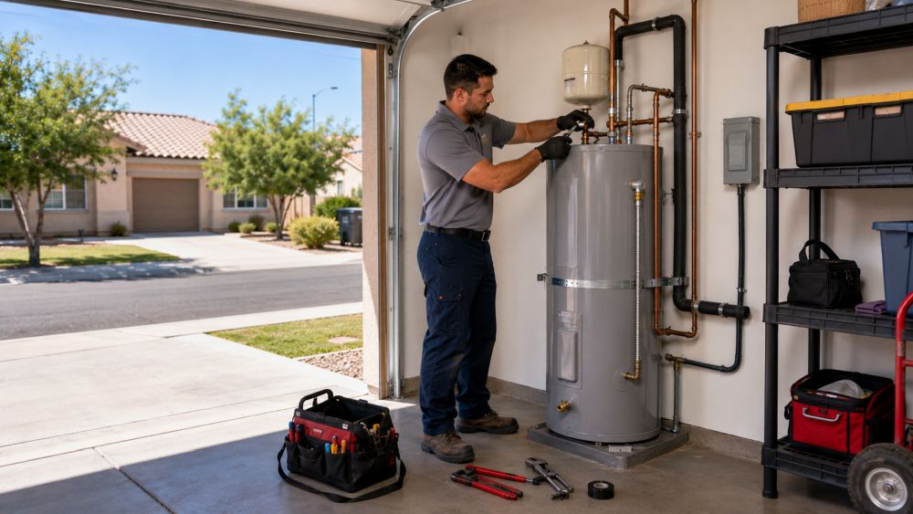 A residential plumbing technician installs a new water heater inside a garage utility space at a home in Youngtown, Arizona during daytime service conditions. The plumber stands beside a modern tank water heater while connecting copper water lines, shut-off valves, and plumbing fittings using professional installation tools. Grand Canyon Home Services provides Water Heater Installation and Replacement in Youngtown AZ for homeowners dealing with leaking, aging, or failed water heating systems. The image shows realistic garage surroundings, insulated plumbing connections, and clean residential conditions that reflect homes commonly found throughout Youngtown and nearby West Valley communities.