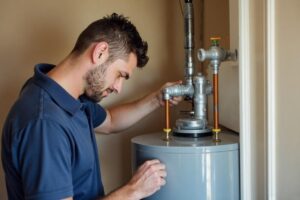 Licensed plumber repairing a tank-style water heater in a Surprise, AZ home
