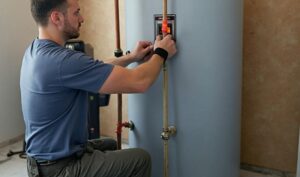 Licensed plumber repairing a residential water heater in Sun City, AZ