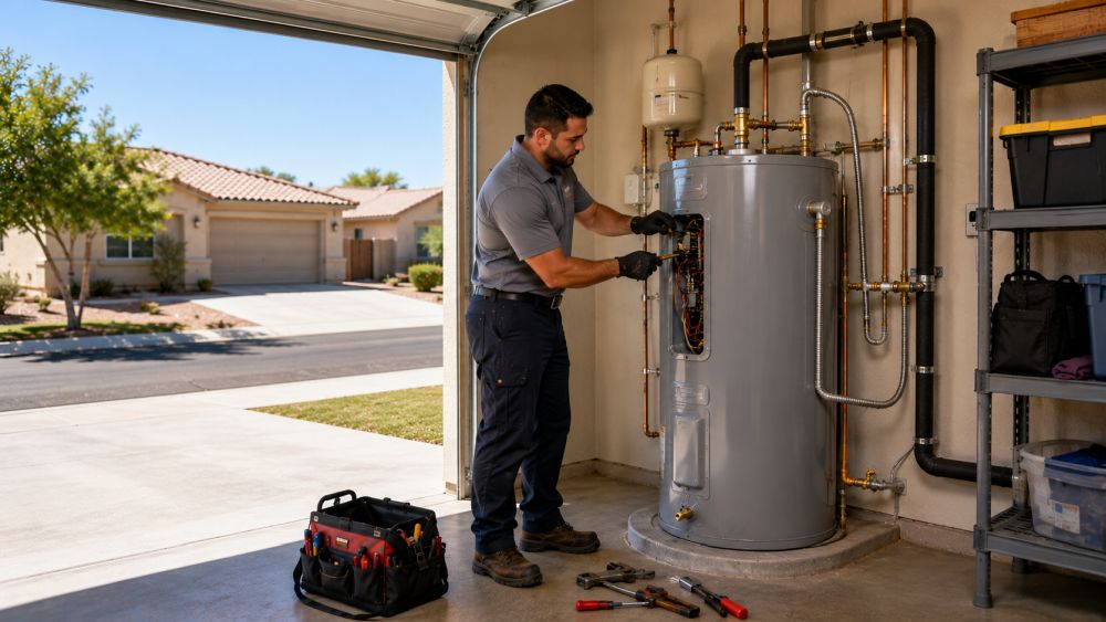 A licensed plumber repairs a residential water heater inside a garage utility area at a single-story home in Youngtown, Arizona during daytime service conditions. The technician stands beside a modern tank water heater while inspecting copper plumbing lines, shut-off valves, insulated piping, and heating components using professional plumbing repair tools. Grand Canyon Home Services provides Water Heater Repair in Youngtown AZ for homeowners dealing with leaking tanks, inconsistent hot water, unusual noises, or heating system failures. The image shows a clean garage environment with realistic Arizona residential details, organized storage shelving, expansion tank components, and an open driveway area that reflects homes commonly found throughout Youngtown neighborhoods.