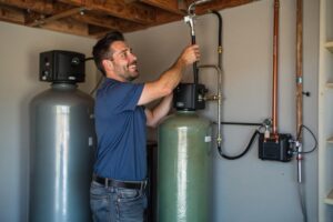 Technician installing water softener system in Peoria AZ home