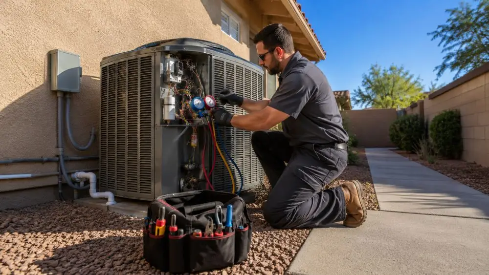 Grand Canyon Home Services provides AC maintenance in Peoria, AZ, with local HVAC service from a licensed residential technician. The image shows a technician checking an outdoor condenser, gauges, wiring, and service panels beside a clean Arizona stucco home. Desert gravel, low shrubs, PVC drain piping, and bright West Phoenix sunlight create a real Peoria service setting.