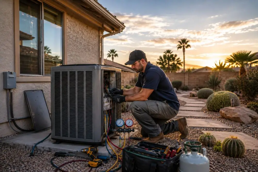 n HVAC technician from Grand Canyon Home Services installs a new outdoor air conditioning condenser unit beside a residential home in Sun City, Arizona. The image shows AC replacement work in progress with visible gauges, service tools, electrical wiring, and an open condenser panel during a hot Arizona afternoon. Desert landscaping, gravel ground cover, cactus plants, and palm trees reflect the local Sun City AZ environment while the technician works carefully beside the home. Grand Canyon Home Services provides AC replacement in Sun City AZ with same-day service, licensed HVAC technicians, and trusted home cooling solutions. Homeowners in Sun City can call +1 (623) 777-4955 for air conditioning replacement, cooling system installation, and residential HVAC service.