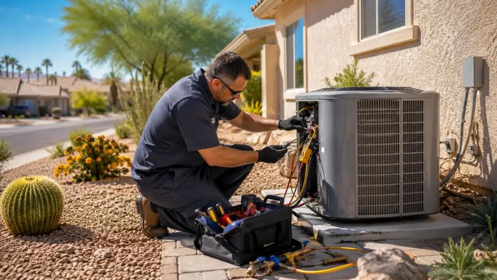 An HVAC technician performs residential AC services in Sun City, Arizona, beside a modern home during a hot summer day. Grand Canyon Home Services provides air conditioning repair, AC maintenance, and cooling system inspections for homeowners across Sun City AZ and nearby West Valley communities. The image shows detailed condenser components, service gauges, and active HVAC repair work that reflects professional home cooling solutions. Homeowners in Sun City rely on Grand Canyon Home Services for same-day AC services, licensed technicians, and reliable support during extreme Arizona heat. Contact Grand Canyon Home Services at 623-777-4955 for residential air conditioning services in Sun City AZ.
