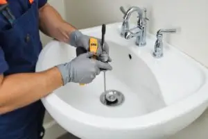 Plumber using a hand auger to unclog bathroom sink drain in Peoria, Arizona.