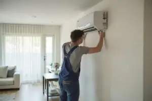 HVAC technician installing a ductless mini split AC unit inside a Peoria, Arizona home.