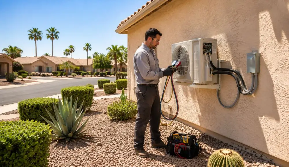 Grand Canyon Home Services provides ductless mini split services in Sun City, Arizona for homeowners who need dependable cooling during extreme summer temperatures. The image shows a licensed HVAC technician standing beside a wall-mounted outdoor ductless mini split condenser while checking refrigerant gauges and inspecting electrical components during a maintenance visit. The residential property features desert landscaping with gravel ground cover, trimmed shrubs, agave plants, palm trees, and stucco home exteriors commonly seen throughout Sun City AZ neighborhoods. Grand Canyon Home Services offers ductless mini split repair, maintenance, installation, and replacement services for energy-efficient home comfort systems across Sun City and nearby West Valley communities. Homeowners can contact Grand Canyon Home Services at 623-777-4955 for same-day HVAC service and local cooling support.