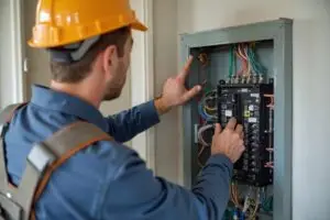 Licensed electrician inspecting an open residential electrical panel in Peoria, Arizona