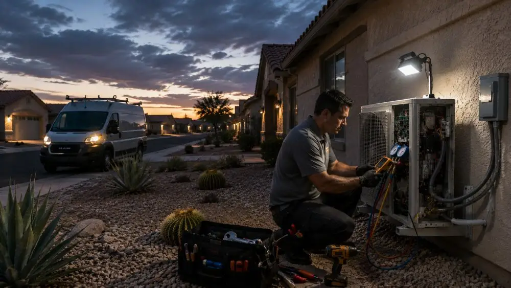 A residential HVAC technician performs emergency ductless mini split repair outside a stucco home in Sun City, Arizona during dusk. The technician kneels beside a wall-mounted outdoor mini split condenser with the service panel open while testing electrical components and refrigerant lines using gauges and HVAC diagnostic tools. Grand Canyon Home Services provides Emergency Ductless Mini Split Repair in Sun City AZ for homeowners dealing with cooling system failures during extreme Arizona heat.