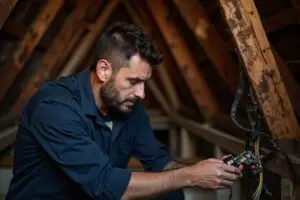 Licensed electrician replacing damaged wiring inside a Peoria AZ home during a nighttime emergency call