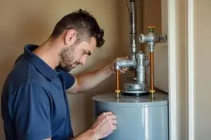 Licensed plumber repairing a tank-style water heater in a Surprise, AZ home