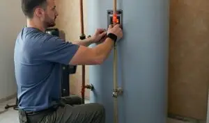 Licensed plumber repairing a residential water heater in Sun City, AZ