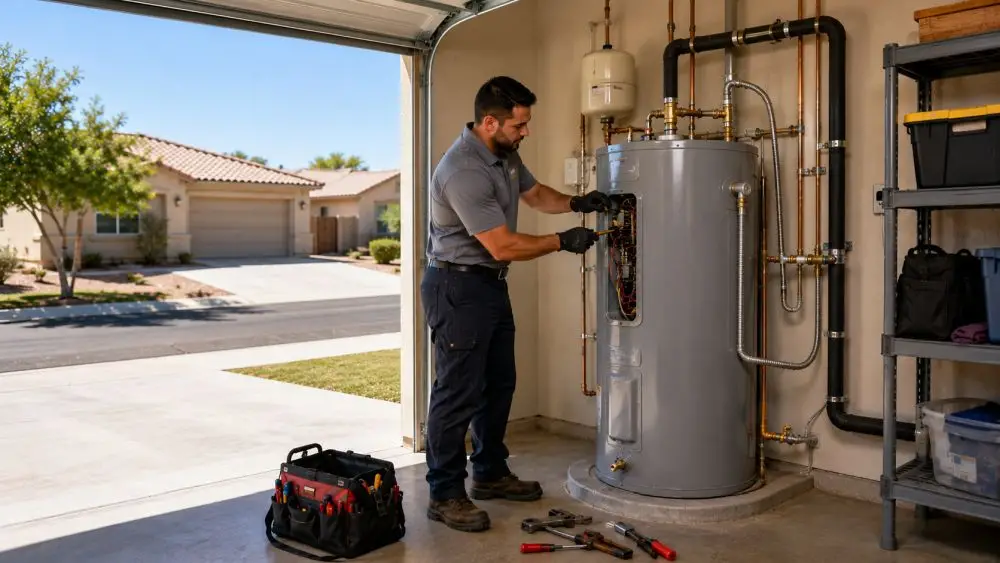 A licensed plumber repairs a residential water heater inside a garage utility area at a single-story home in Youngtown, Arizona during daytime service conditions. The technician stands beside a modern tank water heater while inspecting copper plumbing lines, shut-off valves, insulated piping, and heating components using professional plumbing repair tools. Grand Canyon Home Services provides Water Heater Repair in Youngtown AZ for homeowners dealing with leaking tanks, inconsistent hot water, unusual noises, or heating system failures. The image shows a clean garage environment with realistic Arizona residential details, organized storage shelving, expansion tank components, and an open driveway area that reflects homes commonly found throughout Youngtown neighborhoods.
