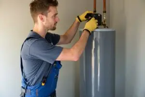 Licensed plumber performing water heater replacement in Sun City AZ home garage